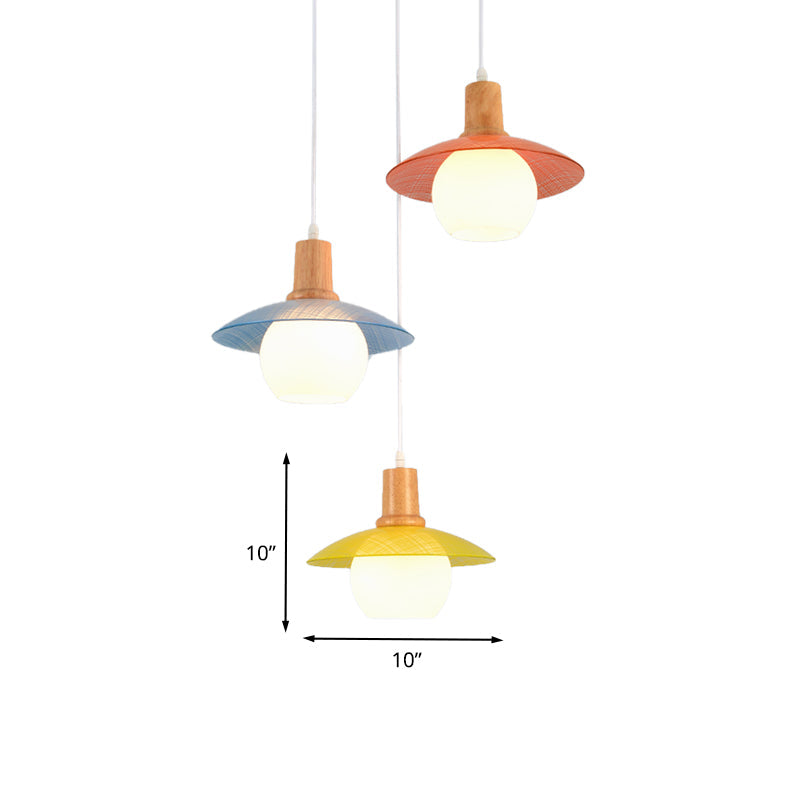 Modern Macaron Disk Pendant Light with Blue-Pink-Yellow Glass - 3 Bulb Dining Room Drop Lamp
