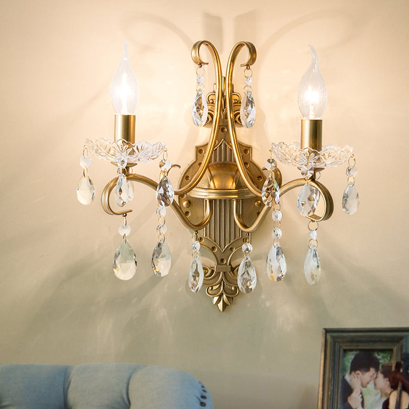 Gold Iron Wall Sconce with Crystal Drape - Antique 1/2-Light Candlestick Lamp