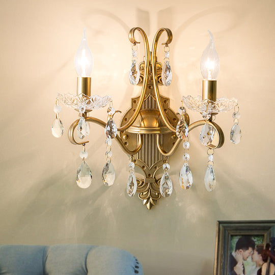 Gold Iron Wall Sconce with Crystal Drape - Antique 1/2-Light Candlestick Lamp