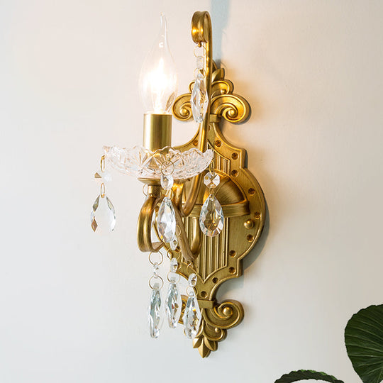 Gold Iron Wall Sconce with Crystal Drape - Antique 1/2-Light Candlestick Lamp