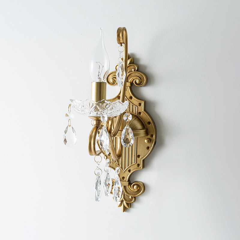 Gold Iron Wall Sconce with Crystal Drape - Antique 1/2-Light Candlestick Lamp