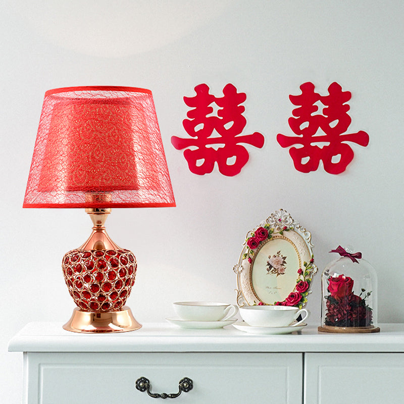 Retro Urn Crystal Nightstand Lamp with Dual Empire Shade in Red/Gold - 1 Light Table Lighting