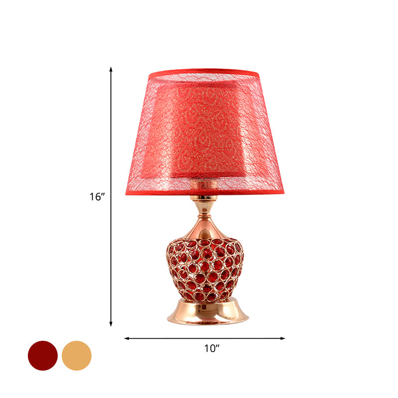 Retro Urn Crystal Nightstand Lamp with Dual Empire Shade in Red/Gold - 1 Light Table Lighting