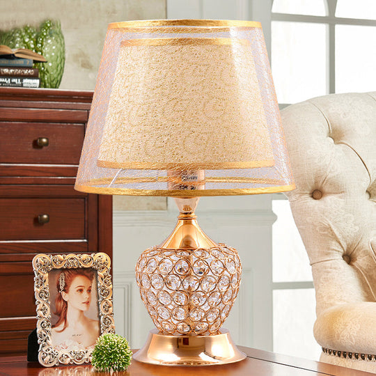 Retro Urn Crystal Nightstand Lamp with Dual Empire Shade in Red/Gold - 1 Light Table Lighting