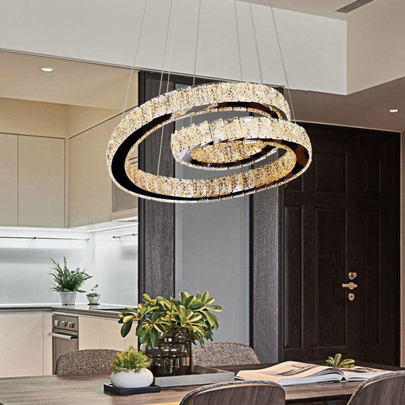 Minimalistic Chrome Closed Curve Pendant Light with K9 Crystal and LED - Ideal for Kitchen Dinette - Chandelier