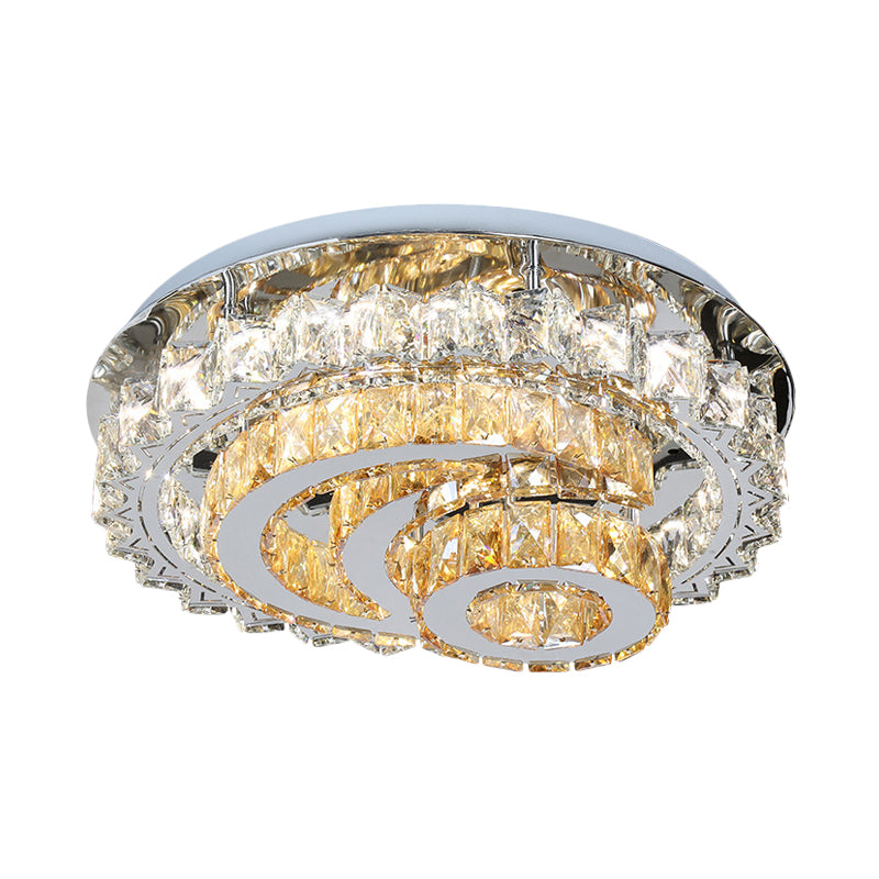 Crystal LED Flushmount Parlor Ceiling Light with Inlaid Opulent Chrome Moon and Circle Design