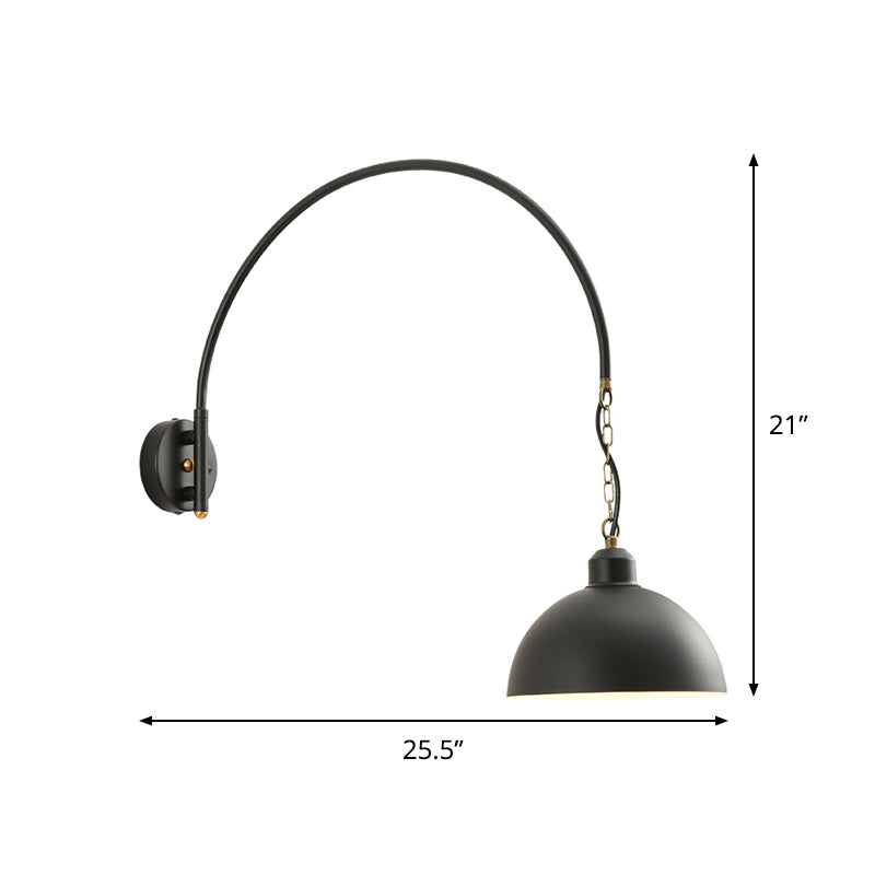Black Dome Wall Sconce with Curved Arm Mount and Metallic Finish Bulb