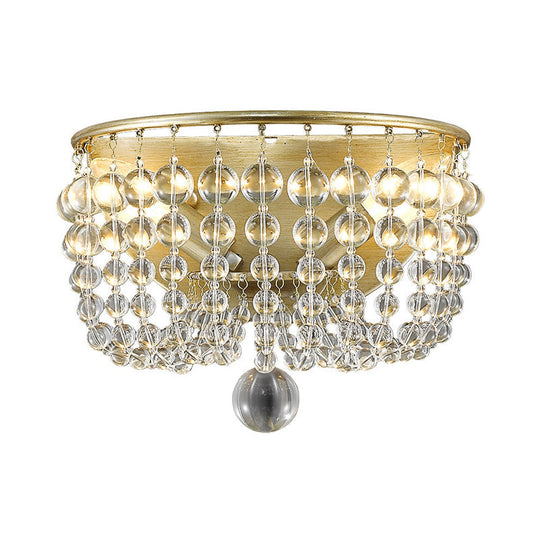 2-Bulb Countryside Beaded Crystal Wall Sconce Lamp in Gold for Living Room