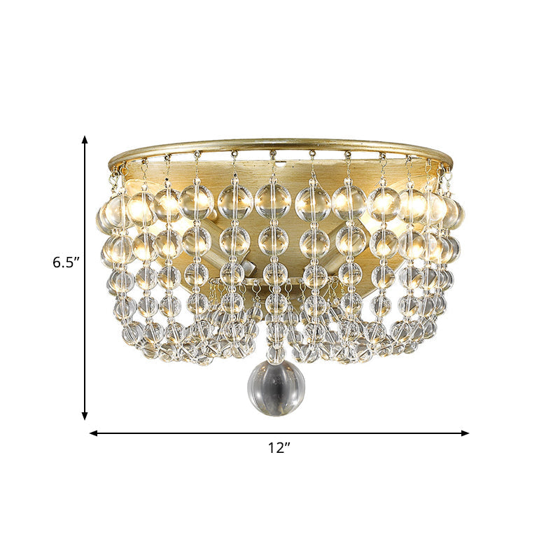 2-Bulb Countryside Beaded Crystal Wall Sconce Lamp in Gold for Living Room