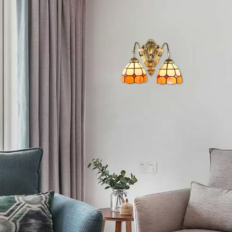 Multicolor Stained Glass Wall Sconce Light - Tiffany Dome/Cone Design with Brass Finish - 2 Heads - Gem/Rhombus/Circle Detail