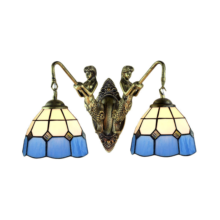 Multicolor Stained Glass Wall Sconce Light - Tiffany Dome/Cone Design with Brass Finish - 2 Heads - Gem/Rhombus/Circle Detail