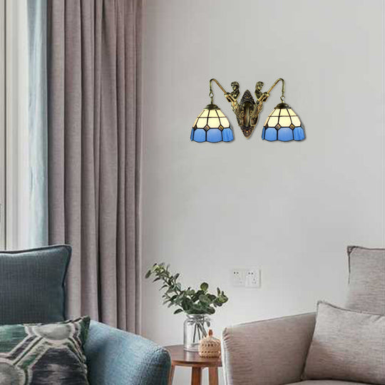 Multicolor Stained Glass Wall Sconce Light - Tiffany Dome/Cone Design with Brass Finish - 2 Heads - Gem/Rhombus/Circle Detail