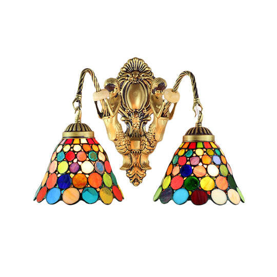 Multicolor Stained Glass Wall Sconce Light - Tiffany Dome/Cone Design with Brass Finish - 2 Heads - Gem/Rhombus/Circle Detail
