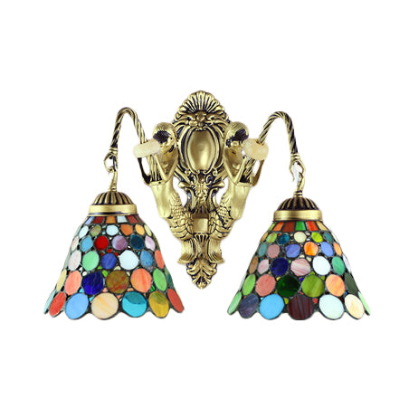 Multicolor Stained Glass Wall Sconce Light - Tiffany Dome/Cone Design with Brass Finish - 2 Heads - Gem/Rhombus/Circle Detail