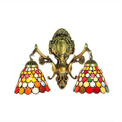 Multicolor Stained Glass Wall Sconce Light - Tiffany Dome/Cone Design with Brass Finish - 2 Heads - Gem/Rhombus/Circle Detail