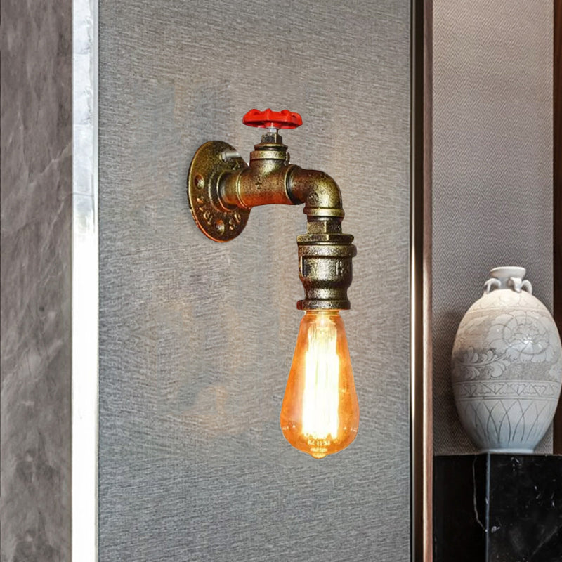 Vintage Gold Water Pipe Wall Mount Lamp with Valve for Restaurants - Metallic Head Wall Lighting