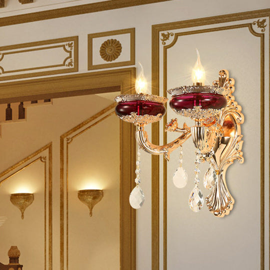 Gold-Red Crystal Flameless Candle Wall Sconce Lamp for Lobby - Traditional 1/2-Head Lighting Ideas