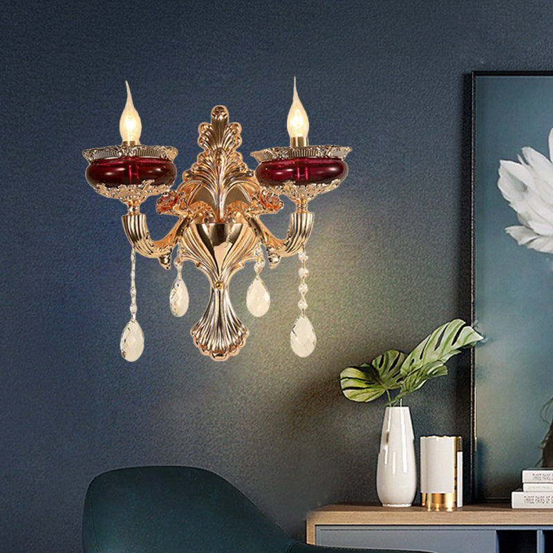 Gold-Red Crystal Flameless Candle Wall Sconce Lamp for Lobby - Traditional 1/2-Head Lighting Ideas