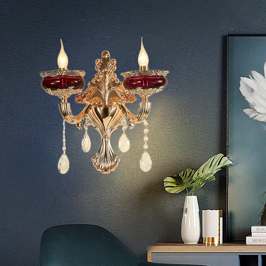 Gold-Red Crystal Flameless Candle Wall Sconce Lamp for Lobby - Traditional 1/2-Head Lighting Ideas