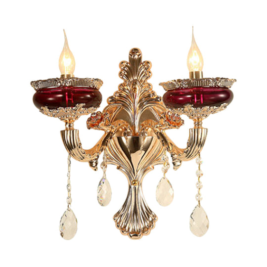 Gold-Red Crystal Flameless Candle Wall Sconce Lamp for Lobby - Traditional 1/2-Head Lighting Ideas