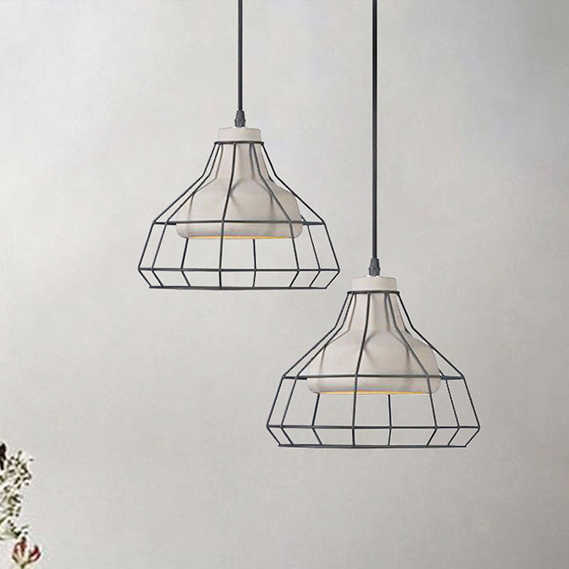 Cement Cone Suspension Light - Modernist Black Hanging Pendant Lamp with Wire-Cage Shade, 10.5"/14" Wide