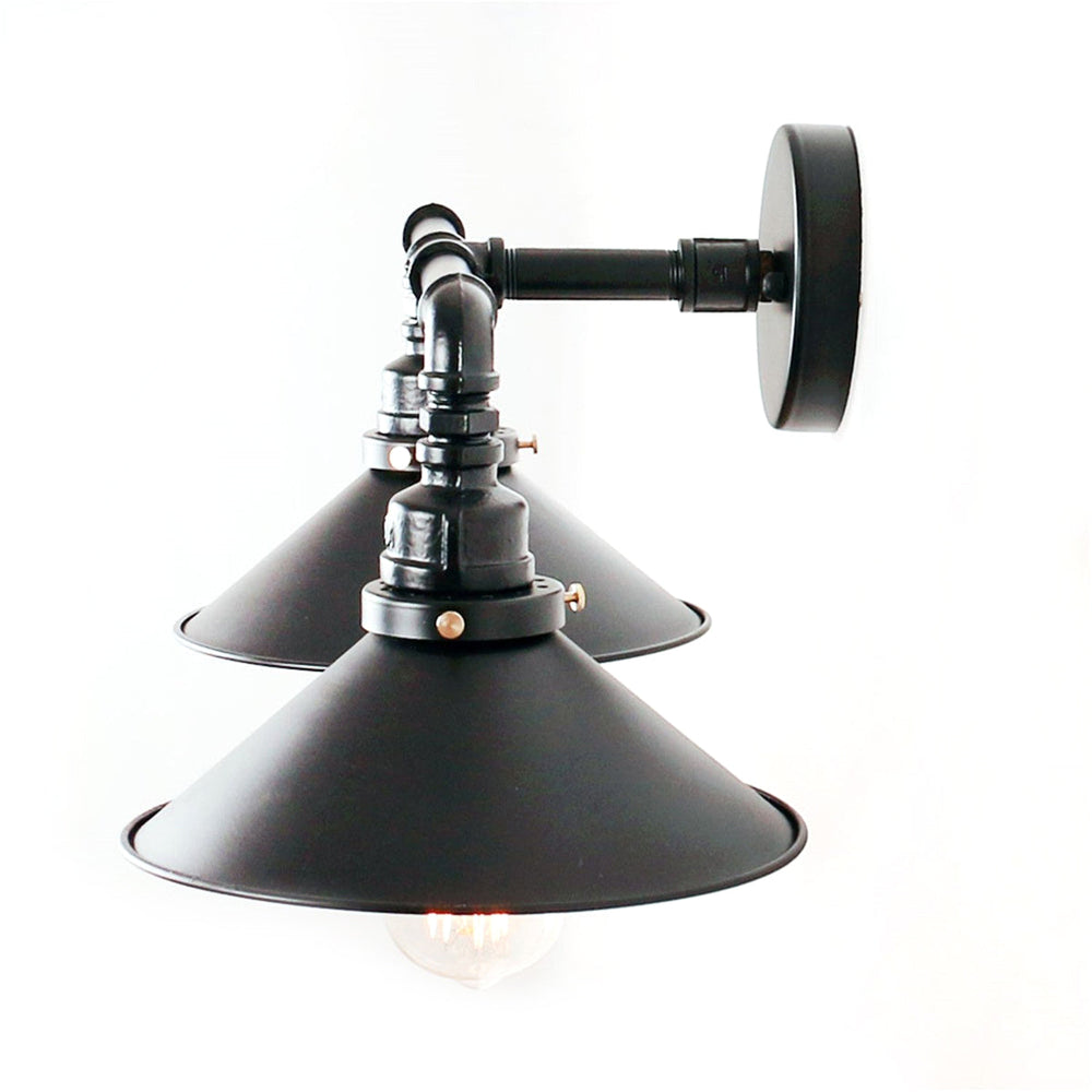 Industrial Black Cone Wall Sconce with 2 Metal Lights for Living Room