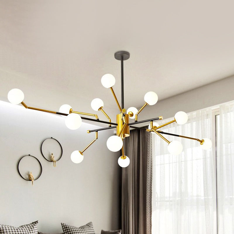 Sputnik Metal Chandelier Lighting with Brass Finish, Contemporary Multi-Light Pendant in Gold with Molecular Milk Glass Shade