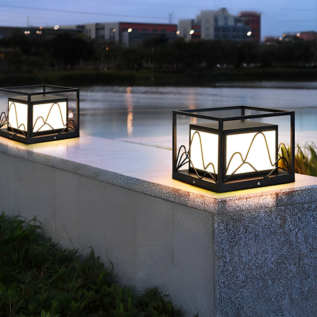 Square Solar LED Outdoor Post Cap Lights with Mountain Design