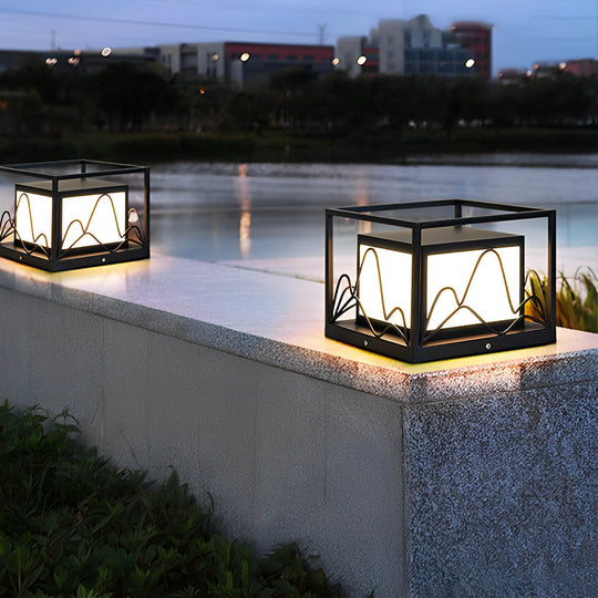 Square Solar LED Outdoor Post Cap Lights with Mountain Design