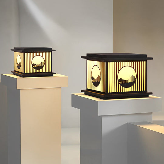 Retro Mountain Scenery LED Waterproof Black Solar Pillar Lamp