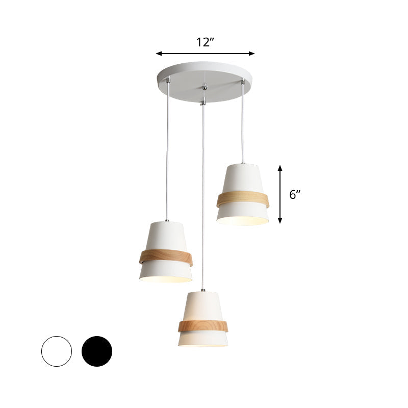 Modernist Wood and Metal Multi-Pendant Suspension Light for Dining Room - Cup Shape, 3 Heads, White/Black