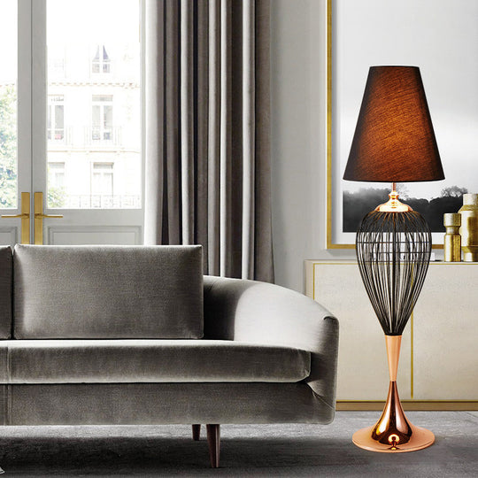 Modernist Iron Teardrop Cage Floor Lamp in Black with Cone Fabric Shade