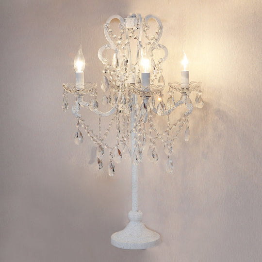 Rustic Candelabra Night Lamp with 4 Lights in White - Metal Nightstand Light with K9 Crystal Strand