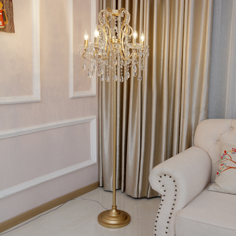 Classic Style Gold Metal Standing Floor Lamp with Crystal Strand - 5 Bulbs Scroll Frame Floor Lighting
