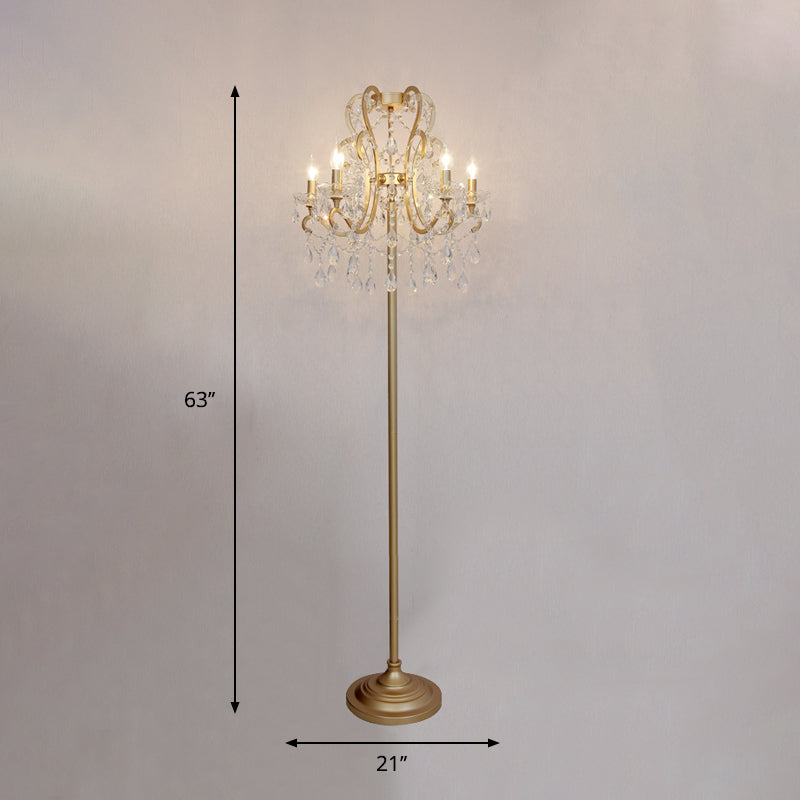 Classic Style Gold Metal Standing Floor Lamp with Crystal Strand - 5 Bulbs Scroll Frame Floor Lighting
