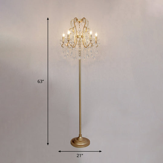 Classic Style Gold Metal Standing Floor Lamp with Crystal Strand - 5 Bulbs Scroll Frame Floor Lighting