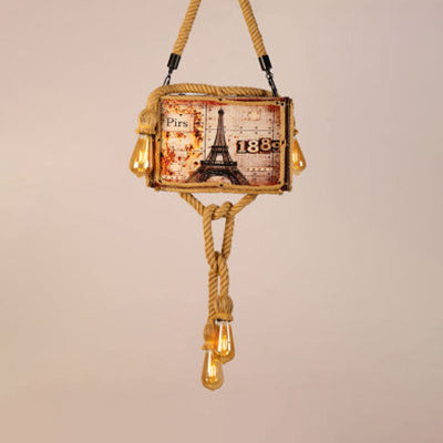 Vintage Wood Chandelier Pendant Light with Four Bulbs in Beige for Coffee Shop