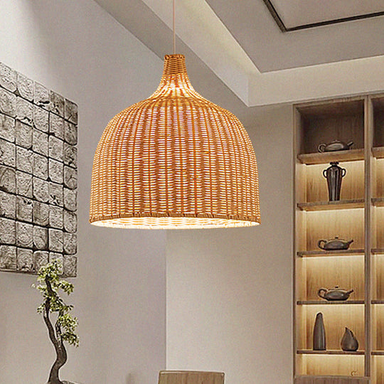 Beige Bamboo Ceiling Pendant Lamp - Asian Style, Bamboo Hanging Light Fixture - 1 Light, 11" or 18" Wide