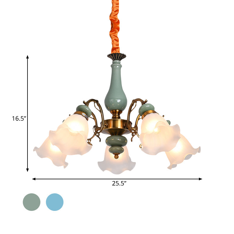 Opal Glass Ceiling Chandelier with Flower Design - Traditional 3/5 Heads - Light Blue/Pewter