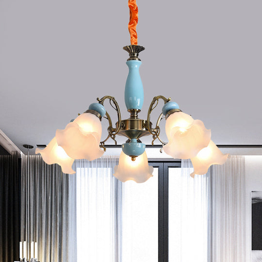 Opal Glass Ceiling Chandelier with Flower Design - Traditional 3/5 Heads - Light Blue/Pewter