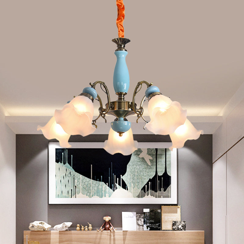 Opal Glass Ceiling Chandelier with Flower Design - Traditional 3/5 Heads - Light Blue/Pewter