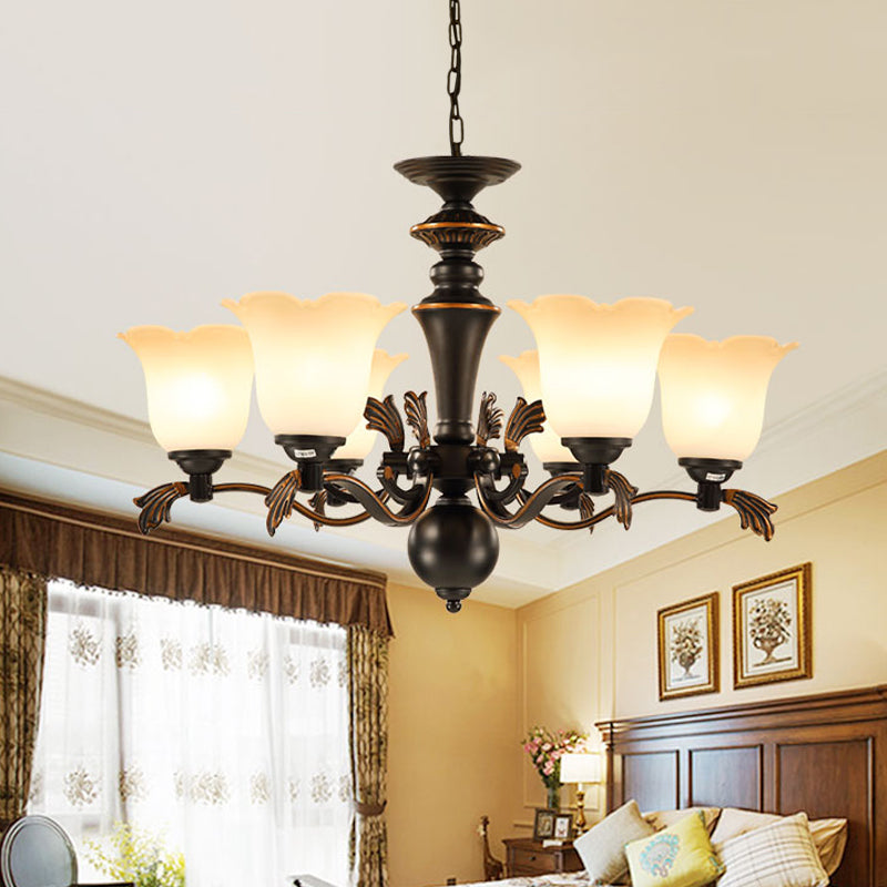 Vintage Floral Frosted Glass Chandelier - 6-Bulb Hanging Light, Up Ceiling Suspension, Black Finish