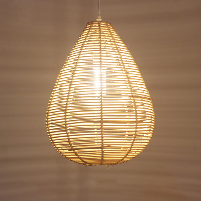 Raindrop Bamboo Pendant Lamp - Asian Style Kitchen Ceiling Light with Wood Finish
