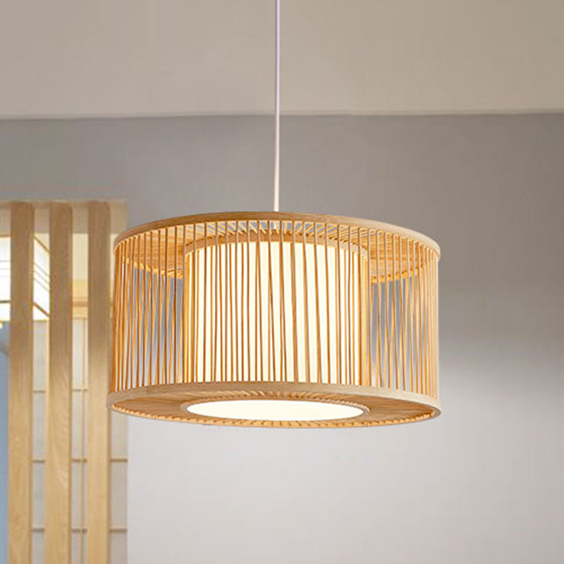 Bamboo Bistro Pendant Light - Handmade Drum Cage - Asian Hanging Lamp Kit - 1 Bulb - with Inner Shade