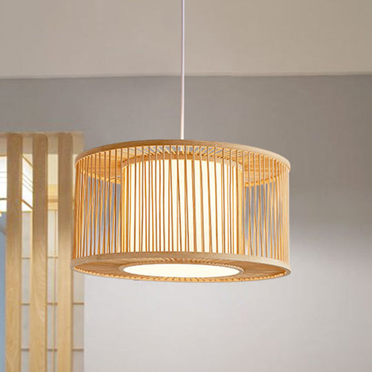 Bamboo Bistro Pendant Light - Handmade Drum Cage - Asian Hanging Lamp Kit - 1 Bulb - with Inner Shade