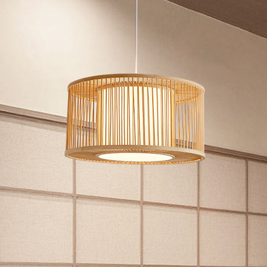 Bamboo Bistro Pendant Light - Handmade Drum Cage - Asian Hanging Lamp Kit - 1 Bulb - with Inner Shade