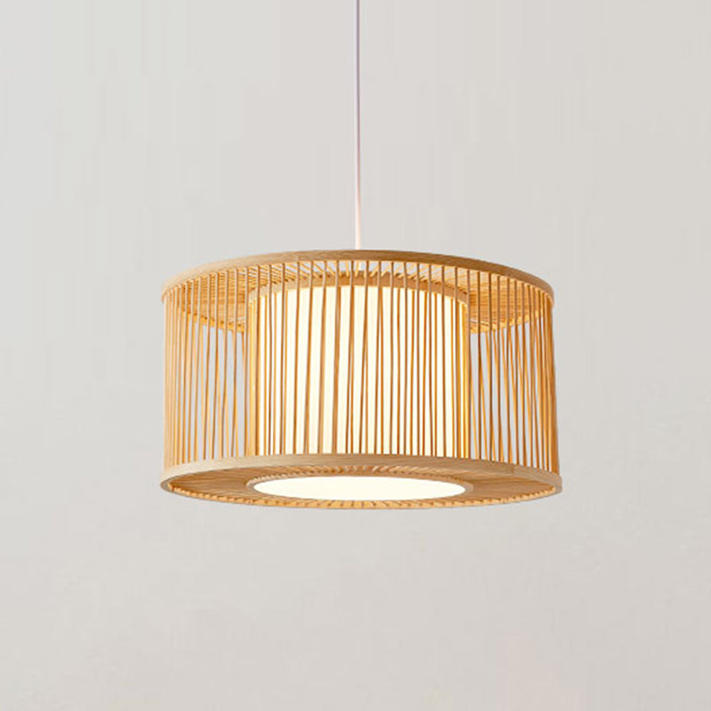 Bamboo Bistro Pendant Light - Handmade Drum Cage - Asian Hanging Lamp Kit - 1 Bulb - with Inner Shade