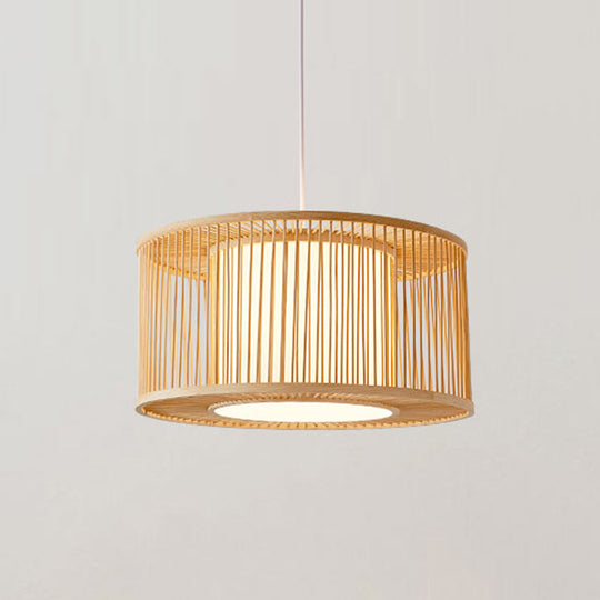 Bamboo Bistro Pendant Light - Handmade Drum Cage - Asian Hanging Lamp Kit - 1 Bulb - with Inner Shade
