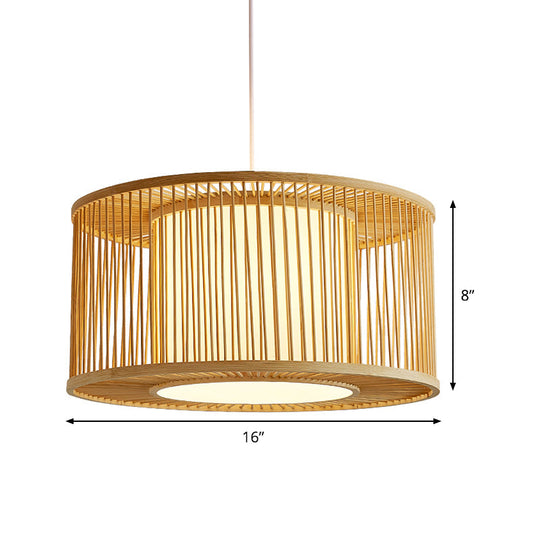 Bamboo Bistro Pendant Light - Handmade Drum Cage - Asian Hanging Lamp Kit - 1 Bulb - with Inner Shade