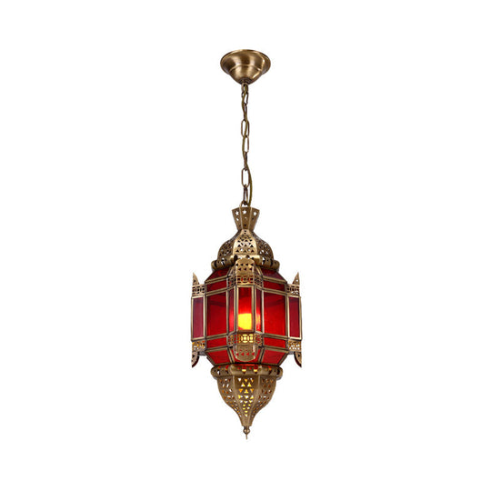 Red Glass Lantern Pendant Chandelier - Traditional Style - 3 Light Brass Fixture